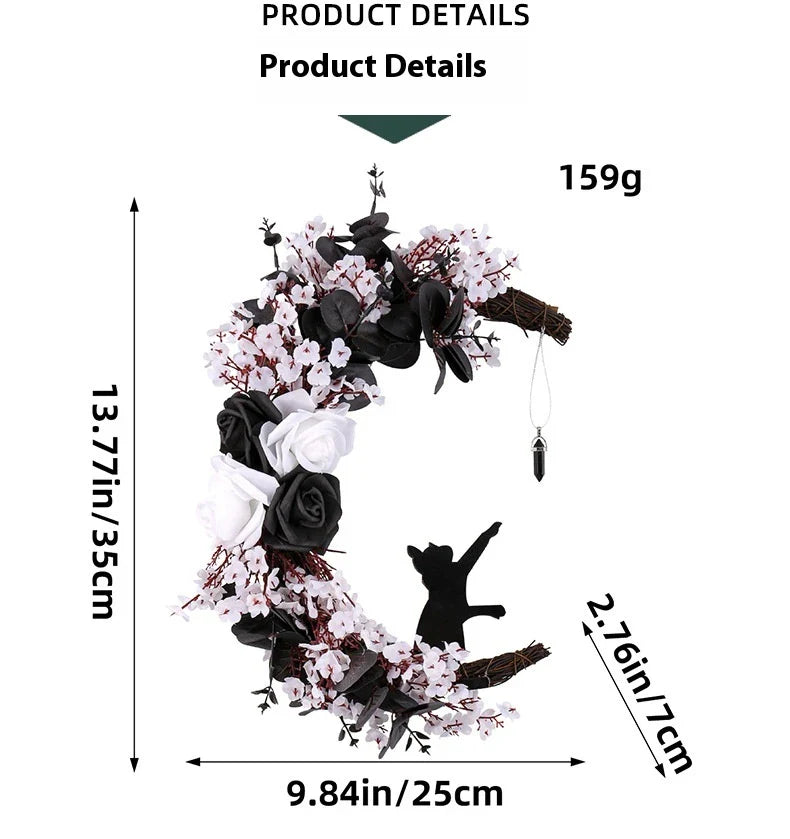 Spooktacular Halloween garland featuring a blend of dried white flowers, black roses, and mystical moon cat ornaments