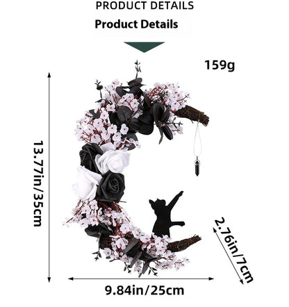 Spooktacular Halloween garland featuring a blend of dried white flowers, black roses, and mystical moon cat ornaments