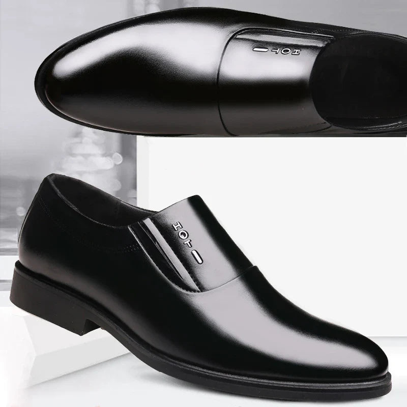 Premium leather elevator shoes with 6cm height boost and pointed toe design for professional men's business attire