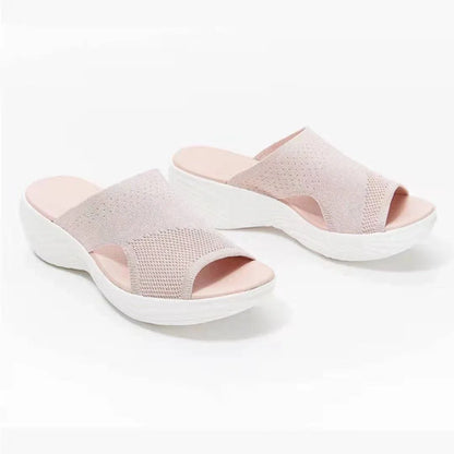 Plus size women's sporty sandals in blue, black, and pink colours featuring a chic fishmouth toe design and a comfortable, supportive sole
