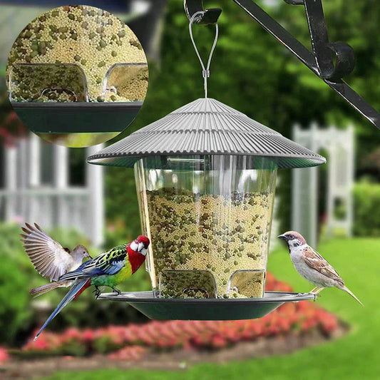 Garden Haven Hanging Wild Bird Feeder with unique terrace design, large seed capacity, and transparent body for easy monitoring