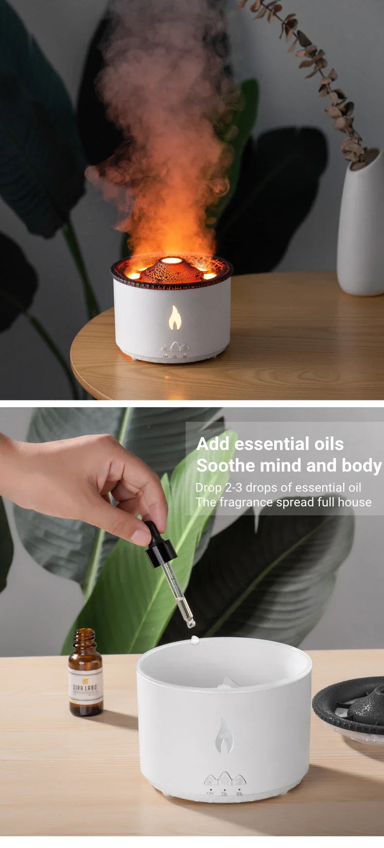 Elegant ultrasonic essential oil humidifier with flame and jellyfish-inspired lighting effects for relaxing ambiance