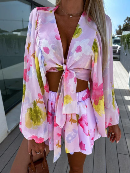 Elegant chiffon pleated shirt and shorts set in white, pink, and blue colours with lantern sleeves and tailored silhouette