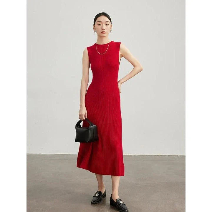 Elegant wool blend sleeveless dress in beige with a flattering fit-and-flare silhouette, perfect for autumn and winter wear