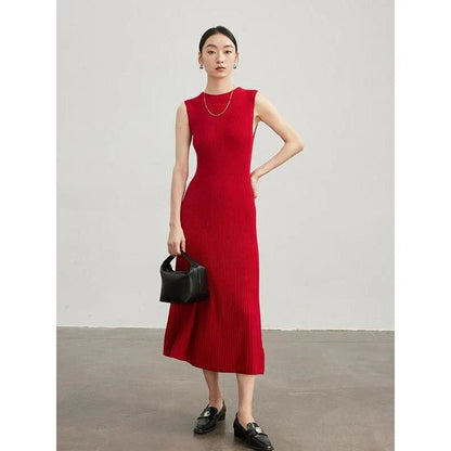 Elegant wool blend sleeveless dress in beige with a flattering fit-and-flare silhouette, perfect for autumn and winter wear