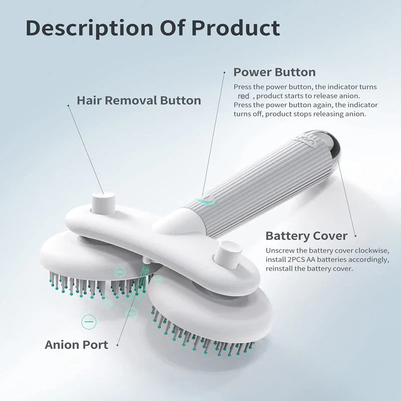 Dual-Head Electric Pet Grooming Brush with Negative Ion Technology for Effortless, Salon-Quality Coat Care
