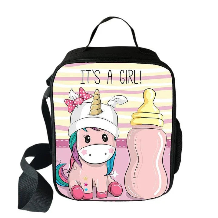 Cartoon unicorn printed lunch bag for children, featuring a vibrant design and durable polyester construction