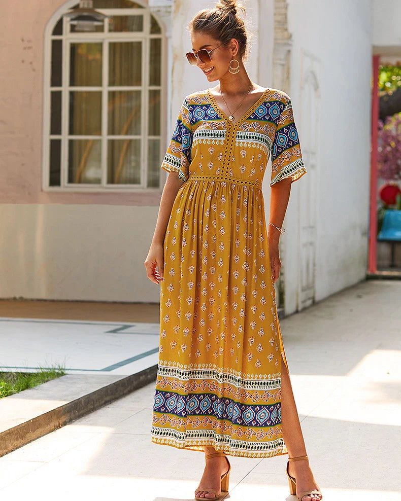 Elegant Bohemian-inspired autumn dress in vibrant yellow, made from premium cotton for a soft and comfortable feel.