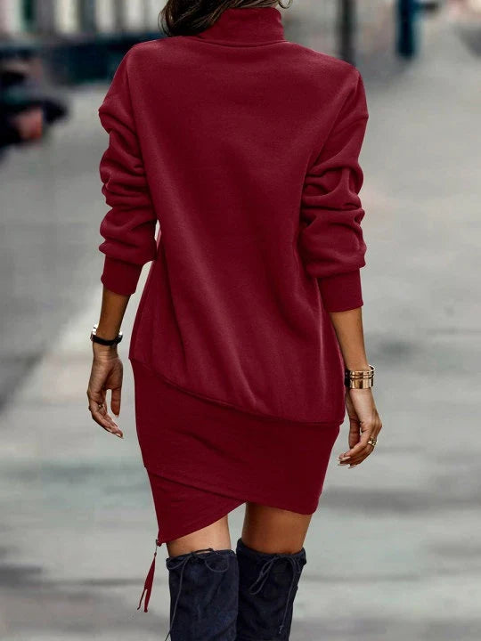 Elegant long sleeve midi dress in various colours, featuring a high neck design and waist cutout detail