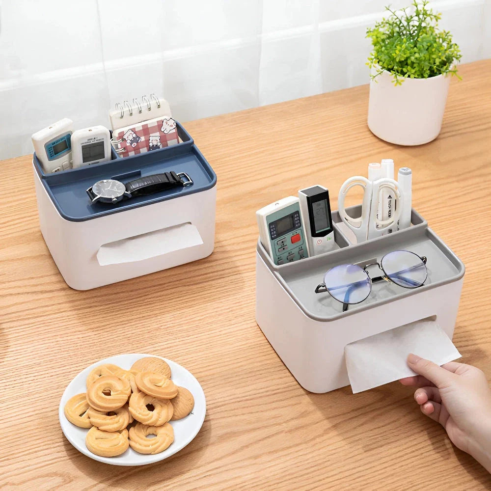 Elegant Tissue Holder and Desk Organiser - a multifunctional product that combines a tissue box with storage compartments for a tidy and stylish workspace or living area