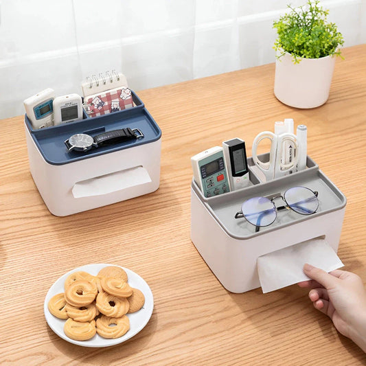 Elegant Tissue Holder and Desk Organiser - a multifunctional product that combines a tissue box with storage compartments for a tidy and stylish workspace or living area