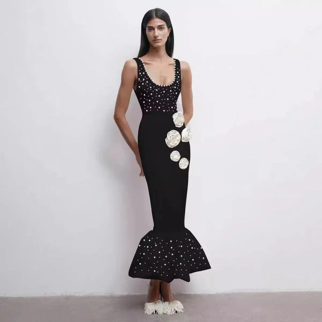 Elegant slim-fit beaded floral dress in black colour