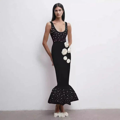 Elegant slim-fit beaded floral dress in black colour