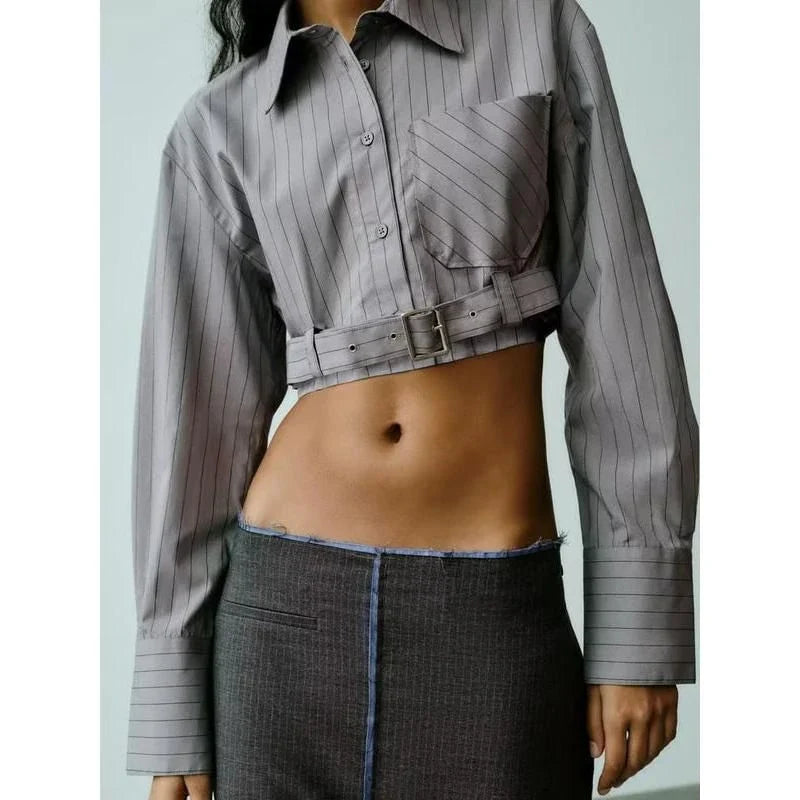 Elegant Spliced Belt Long Sleeve Casual Shirt for Women in Gray, featuring a chic solid pattern and stylish details
