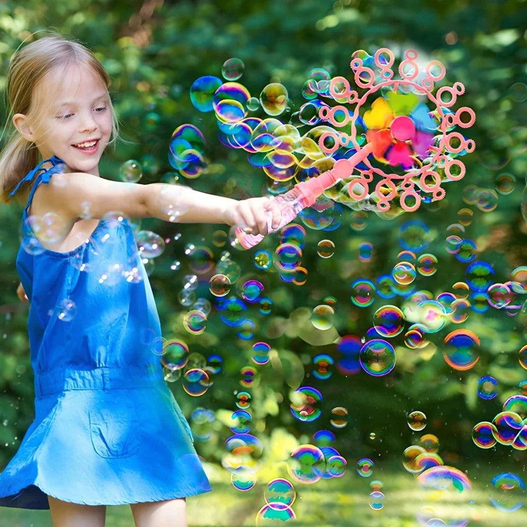 Colourful and durable bubble-blowing windmill wand for enchanting outdoor fun