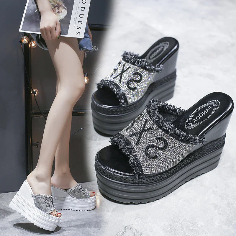 Rhinestone-embellished platform sandals with super high wedge heel and sponge cake sole