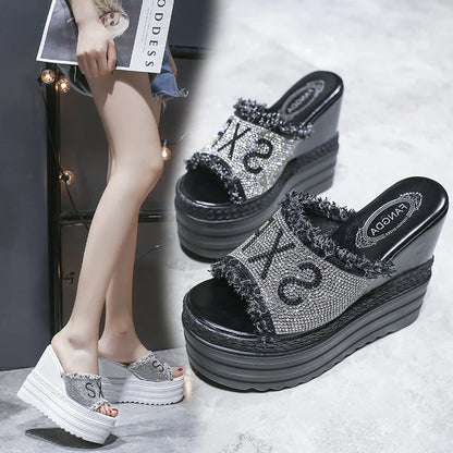 Rhinestone-embellished platform sandals with super high wedge heel and sponge cake sole