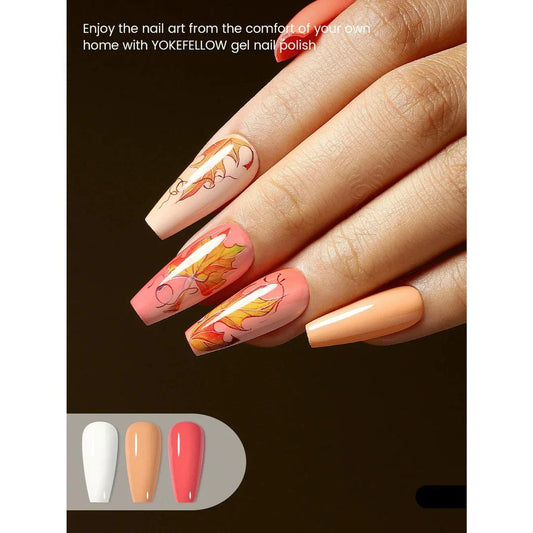 Autumn-inspired gel nail polish kit with vibrant orange, yellow, and glitter shades