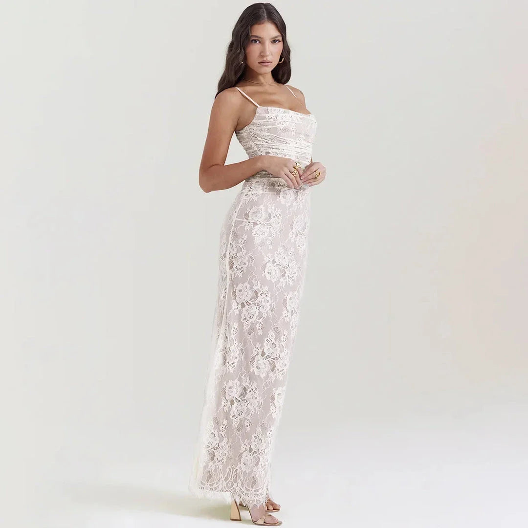 Elegant 2-Piece Lace Dress Set in Ivory, featuring a strap party dress and full sleeves outfit for formal occasions in the UK