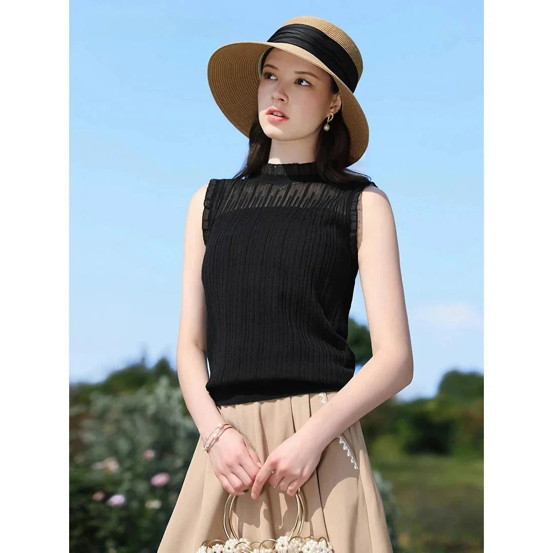 Elegant lace mullet tank top with high collar, perfect for women's spring and summer fashion