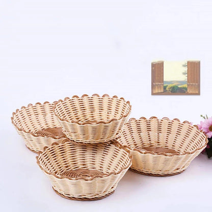 Handwoven produce and bread storage basket made from eco-friendly plastic that mimics natural rattan, with a dustproof cover to keep items fresh.