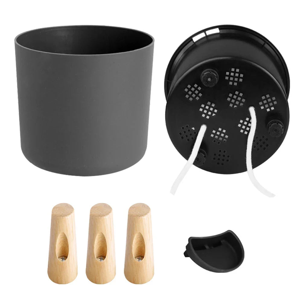 Modern self-watering planter with sleek wooden stand, available in small, medium, and large sizes