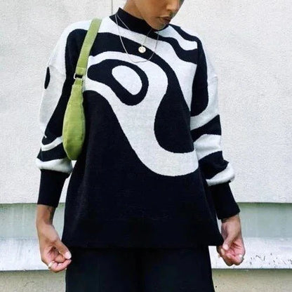 Chic striped turtleneck oversized jumper for women in black colour, featuring a relaxed fit and stylish pattern