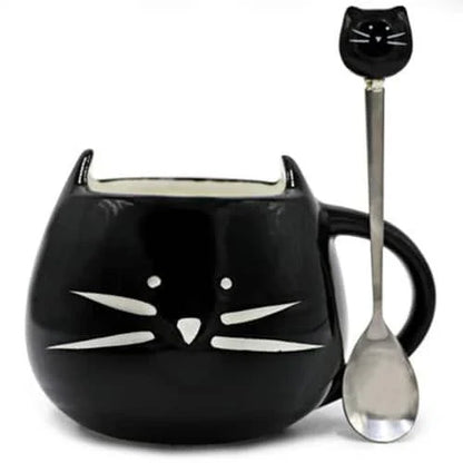 Charming black cat-shaped ceramic coffee mug with a spoon, a practical and whimsical addition to any coffee lover's collection