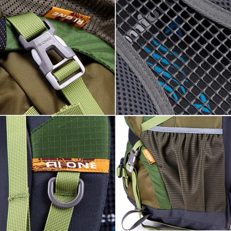 Durable outdoor climbing backpack with integrated raincover, featuring waterproof nylon construction, adjustable straps, and multiple storage compartments.