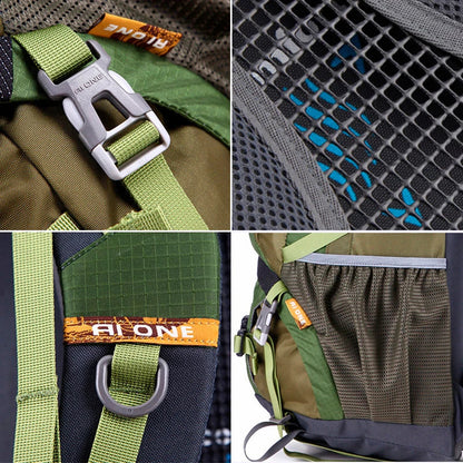Durable outdoor climbing backpack with integrated raincover, featuring waterproof nylon construction, adjustable straps, and multiple storage compartments.