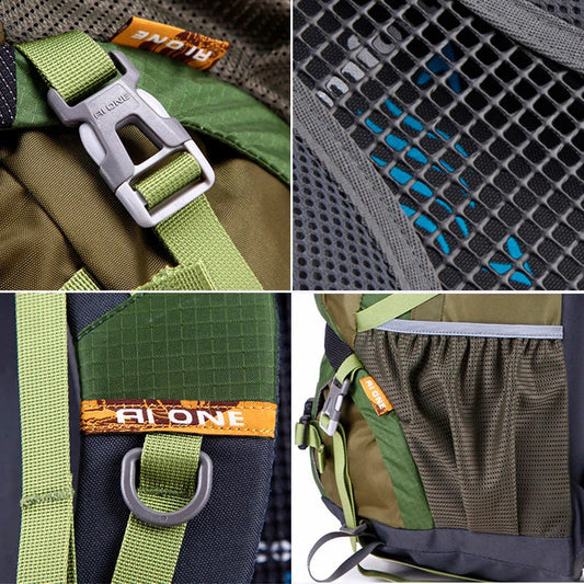 Durable outdoor climbing backpack with integrated raincover, featuring waterproof nylon construction, adjustable straps, and multiple storage compartments.