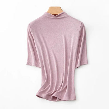Women's Mock Neck Wool Blend T-Shirt in Pink - Elegant and Comfortable British-Inspired Design