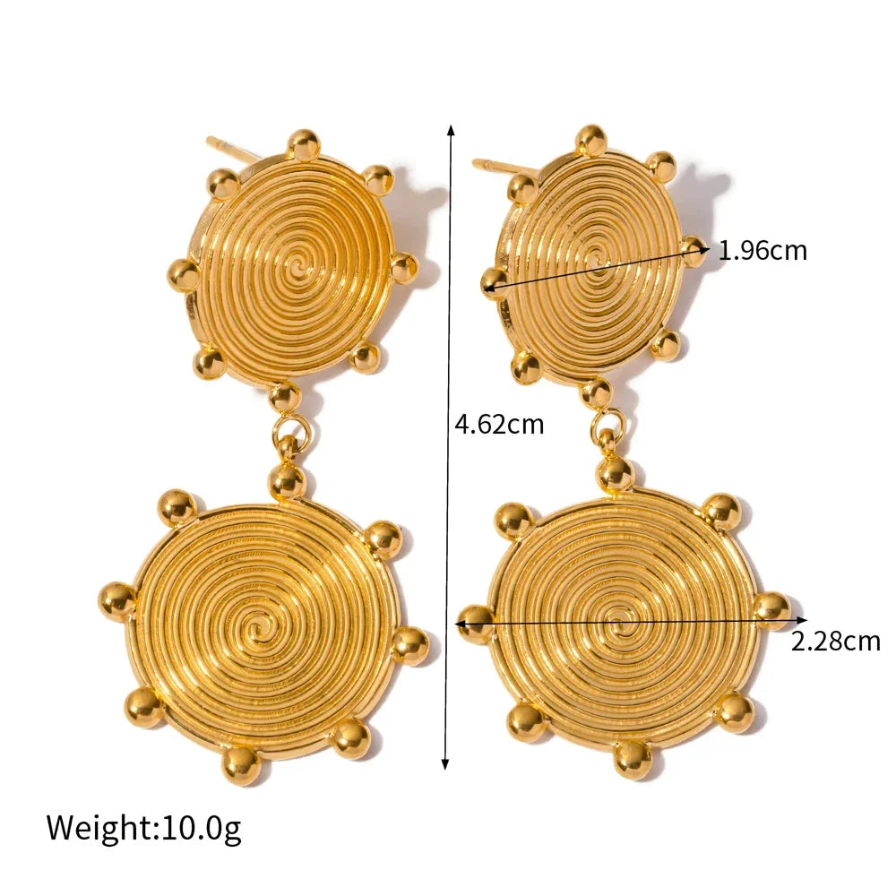 Elegant palace-style retro stainless steel earrings with 18k gold plating, featuring a textured disc design