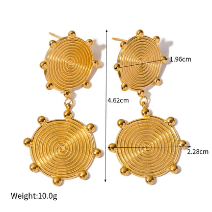 Elegant palace-style retro stainless steel earrings with 18k gold plating, featuring a textured disc design