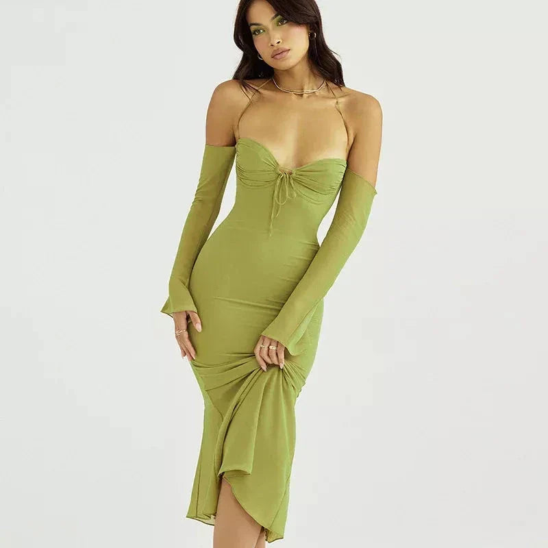 Elegant off-shoulder midi dress with lace-up back and mesh details, perfect for summer parties and events.