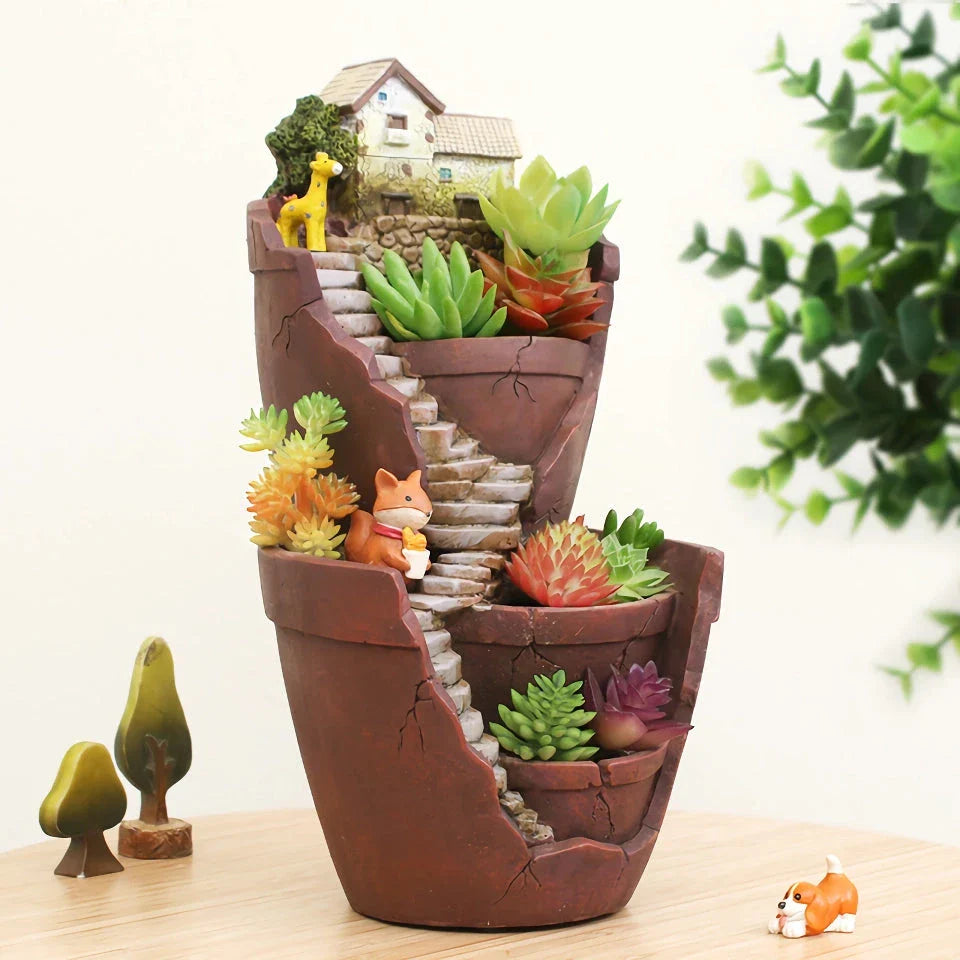 Charming farmhouse-style resin succulent planter with hand-carved pastoral design, adding rustic elegance to home or office decor