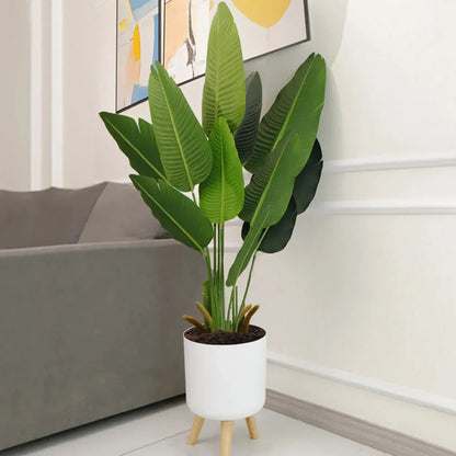 Modern self-watering planter with sleek wooden stand, available in small, medium, and large sizes