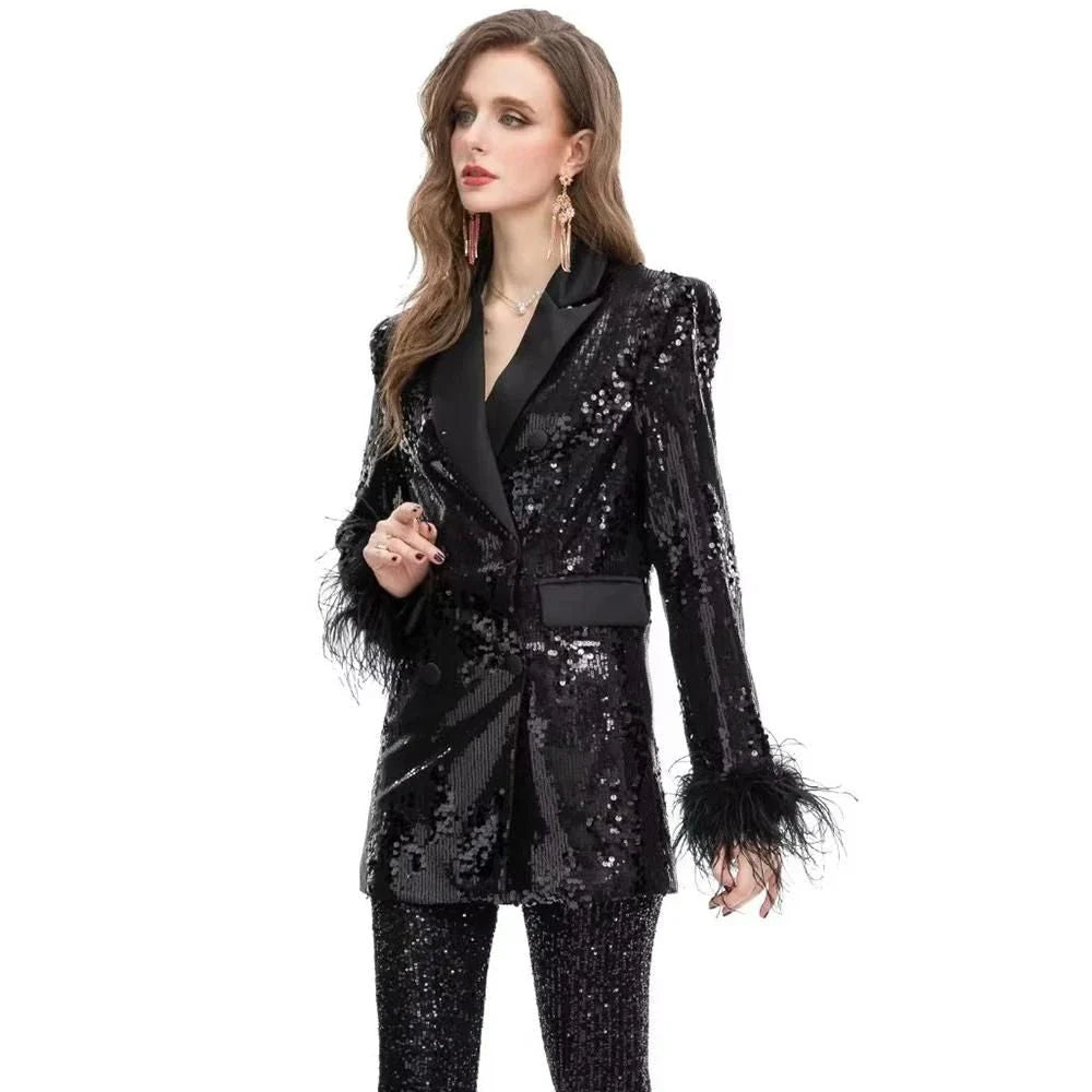 Elegant double-breasted blazer with feather and sequin embellishments, available in black and various sizes