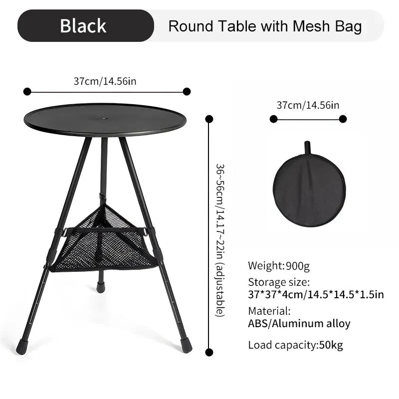 Adjustable ultralight portable camping round table with optional light stand, made from premium ABS and aluminium for durability and convenience