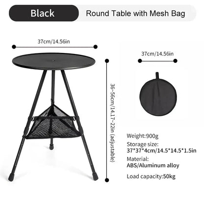 Adjustable ultralight portable camping round table with optional light stand, made from premium ABS and aluminium for durability and convenience