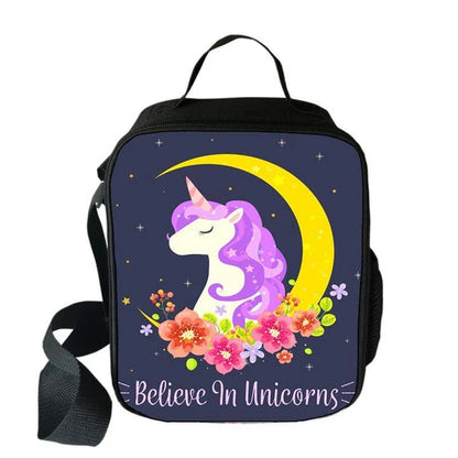 Cartoon unicorn printed lunch bag for children, featuring a vibrant design and durable polyester construction