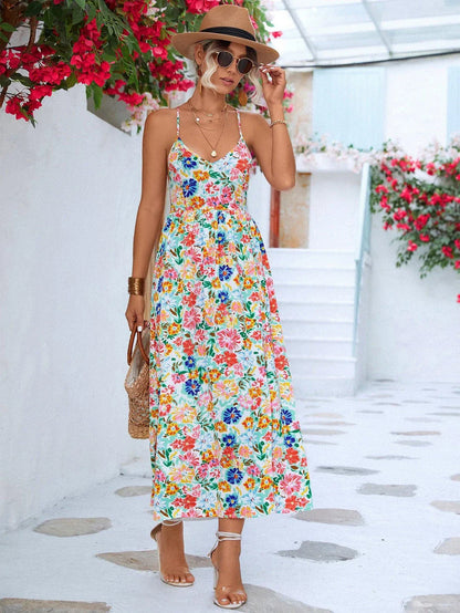 Floral Crisscross Backless Maxi Dress with Thigh Split in White and Blue Colours