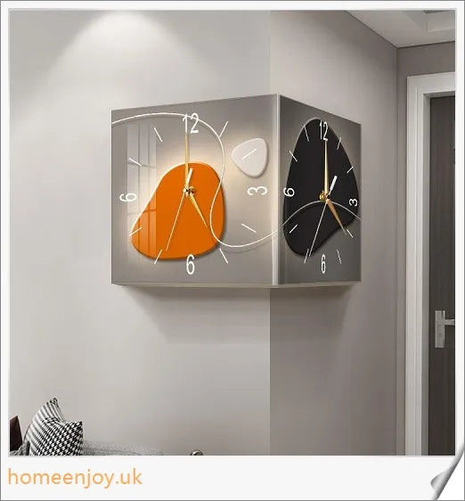 Elegant double-sided corner wall clock with acrylic construction and aluminium hands, providing a modern and minimalist aesthetic for British homes.