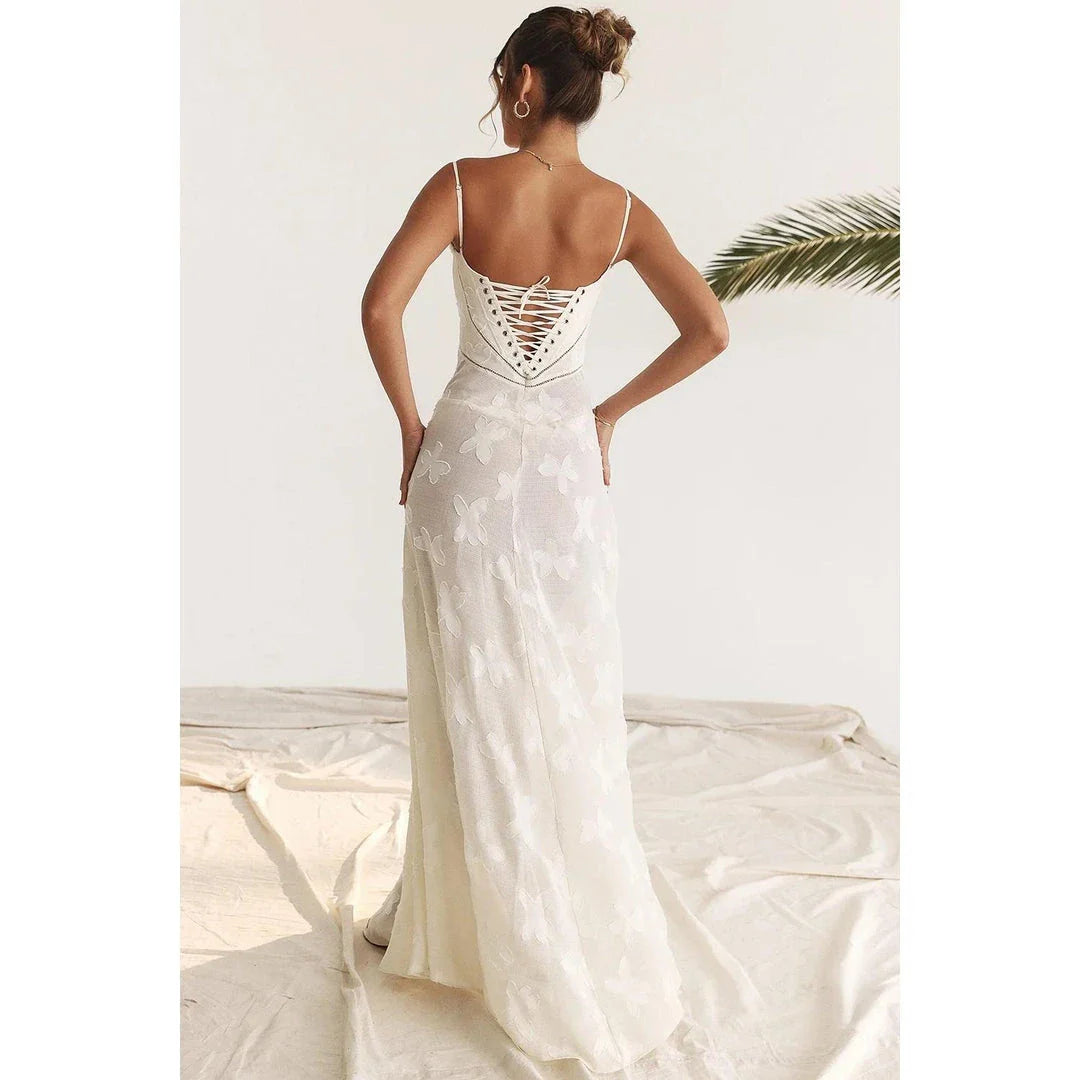 Elegant beige midi corset dress with floral jacquard pattern and lace-up back design