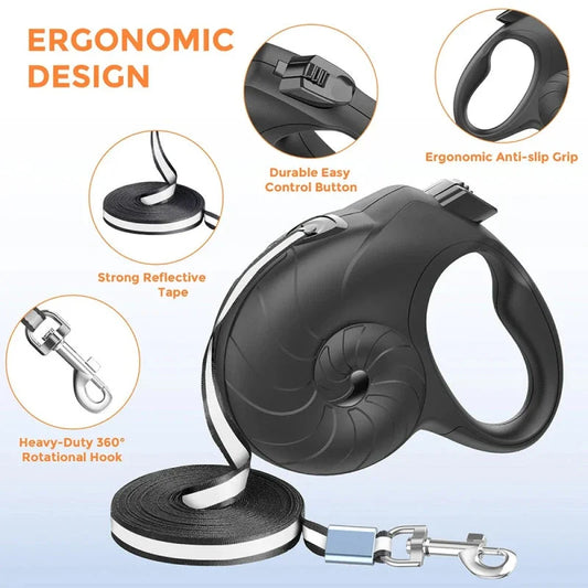 A black 5-metre retractable dog leash with a reflective strip for small dogs up to 15kg.