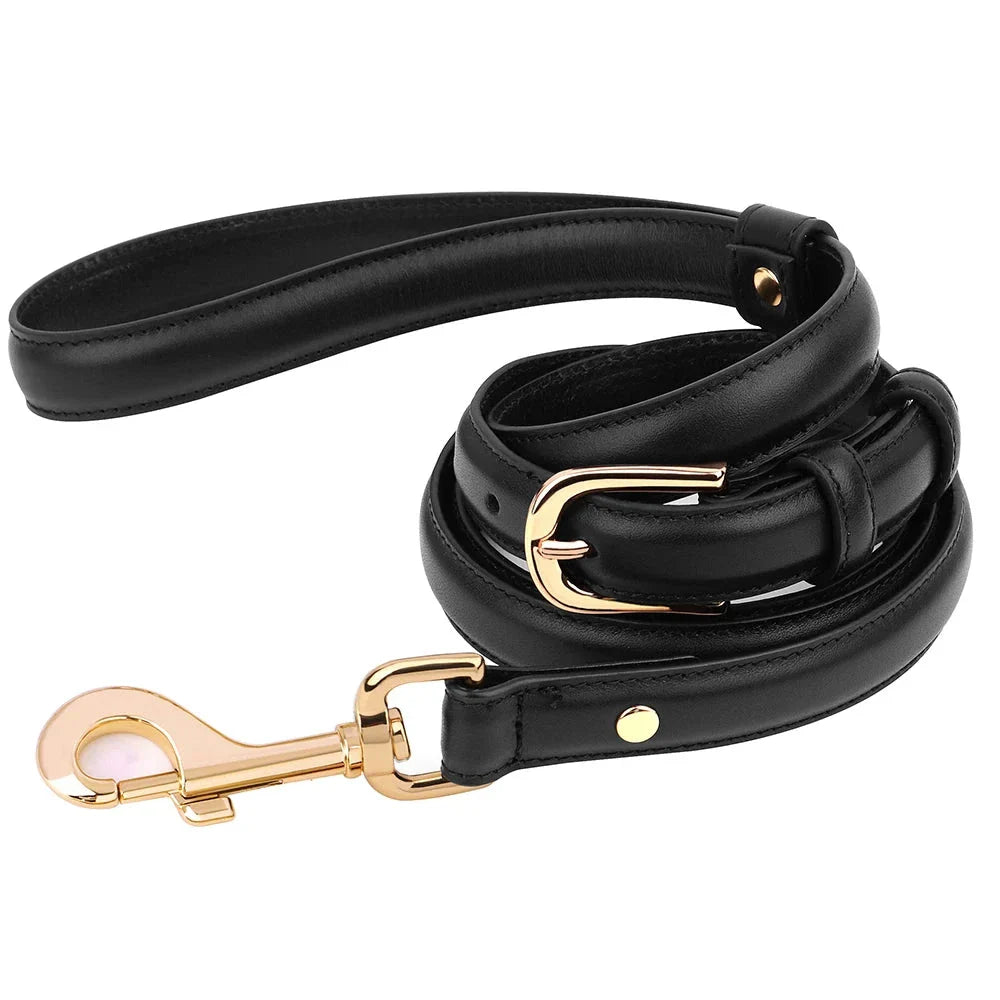 Premium genuine leather dog leash with adjustable length and padded handle, suitable for all breeds