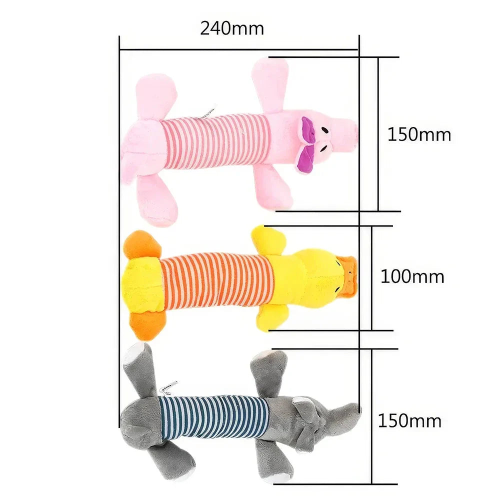 Adorable plush squeaky toys in various shapes and colours, including Pig, Duck, Elephant, and Chicken Legs, for playful pets