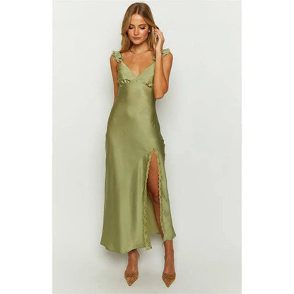 Elegant sleeveless ruffle maxi dress in green with backless design, made of premium silk and polyester blend