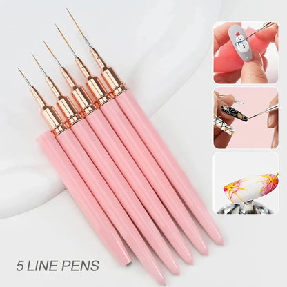 A 5-piece set of precision nail art liner brushes in various sizes for creating intricate designs and patterns on nails