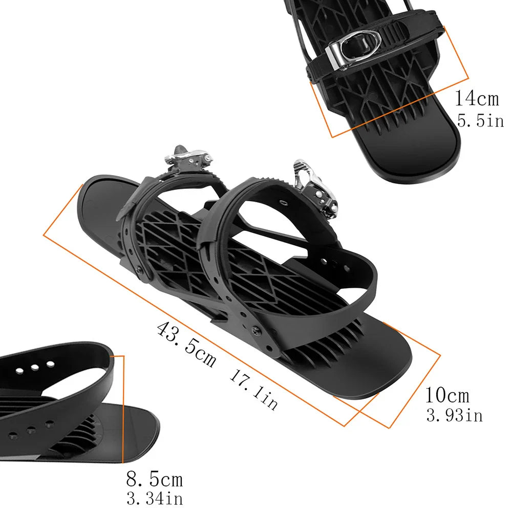 Adjustable mini ski skates with durable nylon and aluminium alloy construction, suitable for UK snow sports enthusiasts